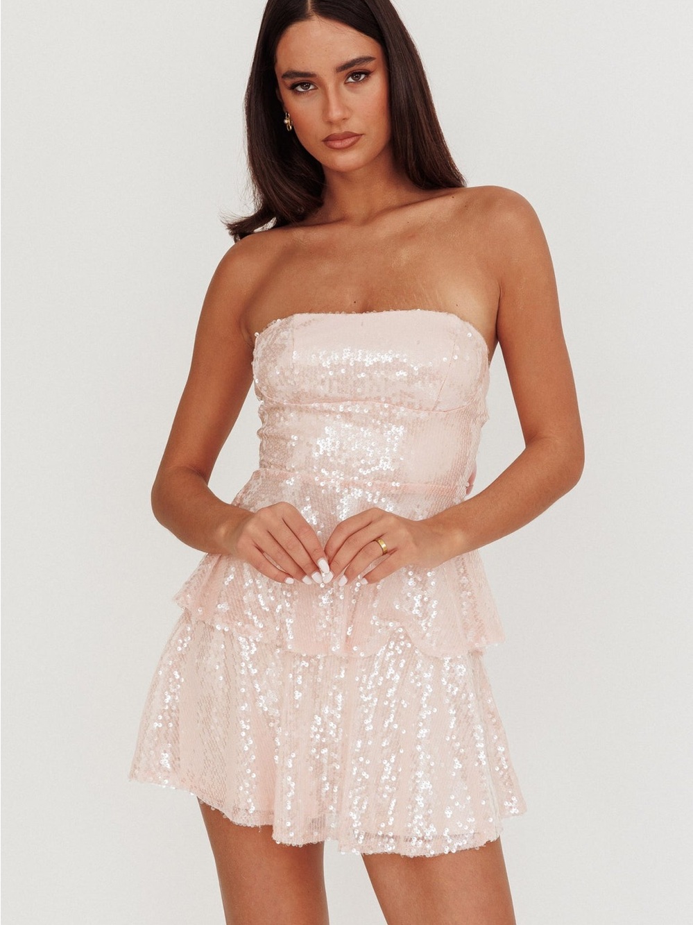 Provence Bloom Tiered Sequin Mini Dress Pink Small